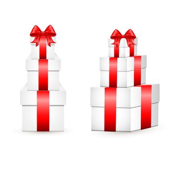 White gift box with red satin bow. The cubic shape of the real box, tied with red wrapping tape, stands on the surface in the front view. gift box