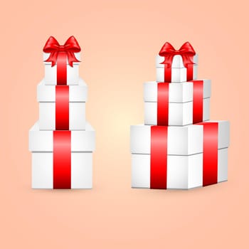 White gift box with red satin bow. The cubic shape of the real box, tied with red wrapping tape, stands on the surface in the front view. gift box