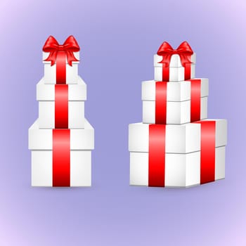 White gift box with red satin bow. The cubic shape of the real box, tied with red wrapping tape, stands on the surface in the front view. gift box