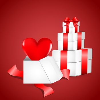 White gift box with red satin bow. A heart flies from an open gift. Tied with red wrapping tape, it stands on the surface in the front view. gift box