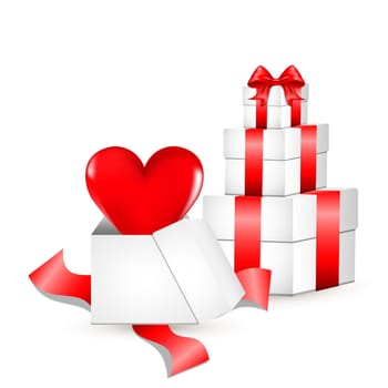 White gift box with red satin bow. A heart flies from an open gift. Tied with red wrapping tape, it stands on the surface in the front view. gift box