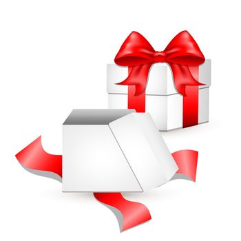 White gift box with red satin bow. The cubic shape of the real box, tied with red wrapping tape, stands on the surface in the front view. gift box