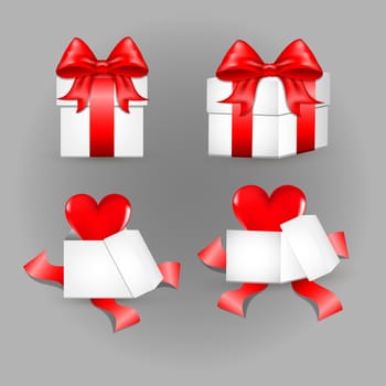 White gift box with red satin bow. A heart flies from an open gift. Tied with red wrapping tape, it stands on the surface in the front view. gift box