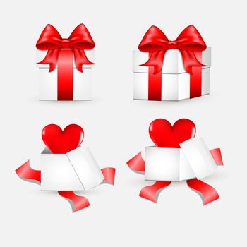 White gift box with red satin bow. A heart flies from an open gift. Tied with red wrapping tape, it stands on the surface in the front view. gift box