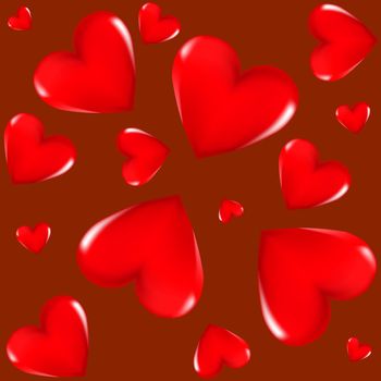 Red 3D hearts on a colored background. Seamless background. Stylish creative wallpaper. Graphic illustration.  