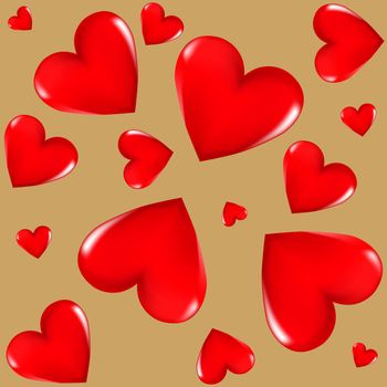 Red 3D hearts on a colored background. Seamless background. Stylish creative wallpaper. Graphic illustration.  