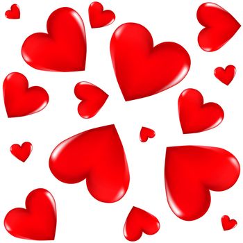 Red 3D hearts on a white background. Seamless background. Stylish creative wallpaper. Graphic illustration. 