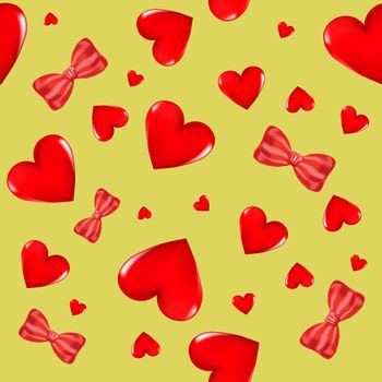 Red 3D hearts and bows on a colored background. Seamless background. Stylish creative wallpaper. Graphic illustration.