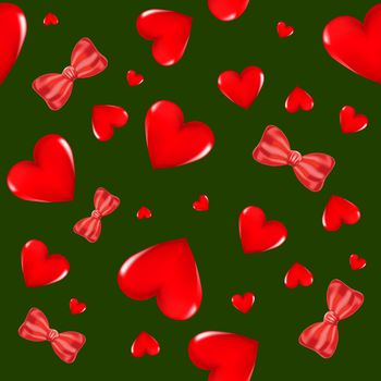 Red 3D hearts and bows on a colored background. Seamless background. Stylish creative wallpaper. Graphic illustration.