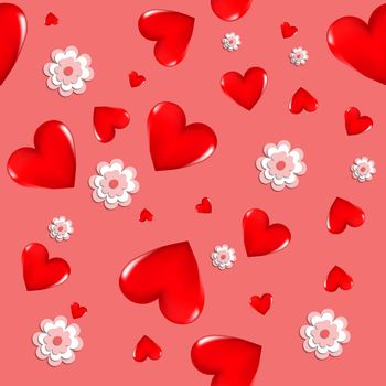 Red 3D hearts and pink flowers on a colored background. Seamless background. Stylish creative wallpaper. Graphic illustration. 