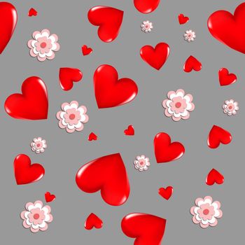 Red 3D hearts and pink flowers on a colored background. Seamless background. Stylish creative wallpaper. Graphic illustration. 