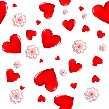 Red 3D hearts and pink flowers on a white background. Seamless background. Stylish creative wallpaper. Graphic illustration.
