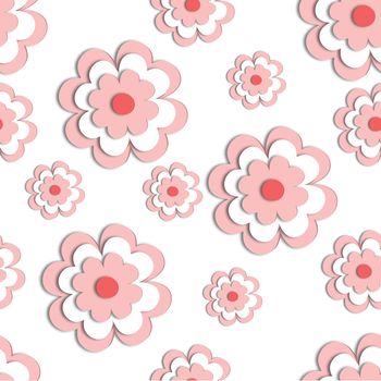 3D pink flowers on a white background. Seamless background. Stylish creative wallpaper. Graphic illustration.