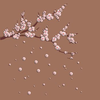 3D pink cherry blossoms on a branch. Stylish creative wallpaper. Graphic illustration.