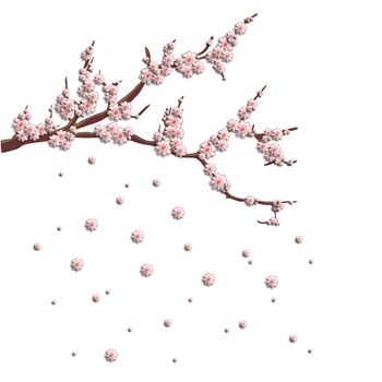 3D pink cherry blossoms on a branch. Stylish creative wallpaper. Graphic illustration.