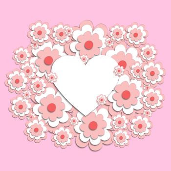 3D pink cherry blossoms around the heart. use it for a card, invitation, or postcard. Creative template. Space for the text. Graphic illustration.