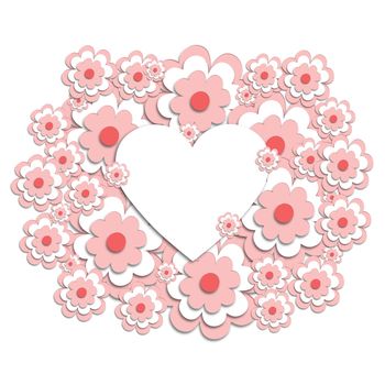 3D pink cherry blossoms around the heart. use it for a card, invitation, or postcard. Creative template. Space for the text. Graphic illustration.