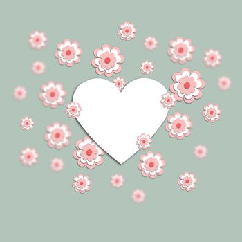 3D pink cherry blossoms around the heart. use it for a card, invitation, or postcard. Creative template. Space for the text. Graphic illustration.