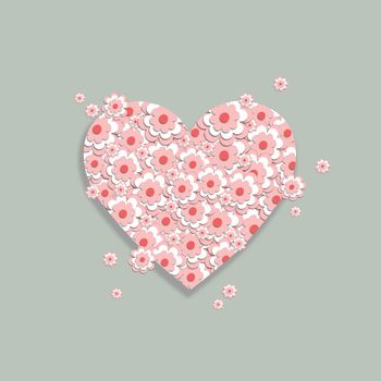 3D heart made of pink cherry blossoms. use it for a card, invitation, or postcard. Creative template. Space for the text. Graphic illustration.