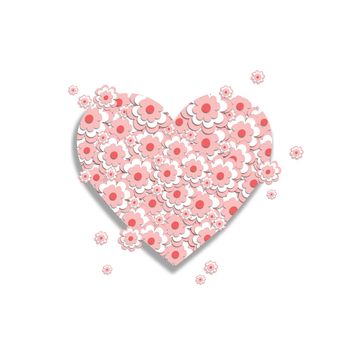 3D heart made of pink cherry blossoms. use it for a card, invitation, or postcard. Creative template. Space for the text. Graphic illustration.