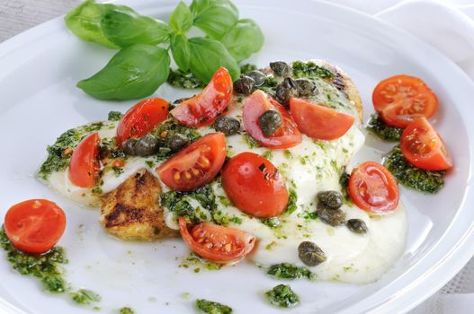 grilled chicken breast  topped with melted mozzarella cheese, basil  pesto, tomato  and caper