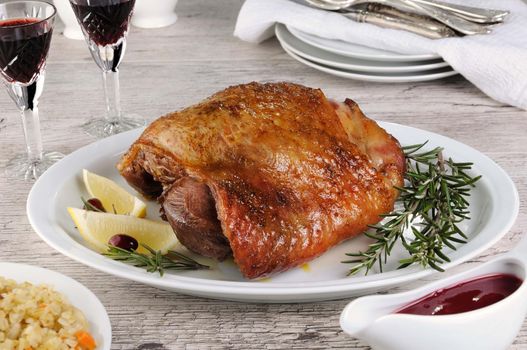 A glass of red sherry is ideal for baked turkey thigh, with cranberry sauce and bulgur pilaf