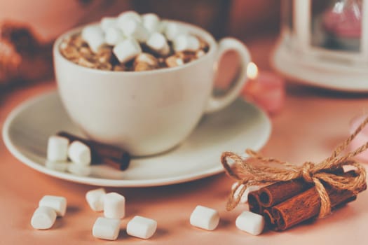 A white mug and saucer filled with coffee with marshmallows and cinnamon tied with a rope. Tinted shot