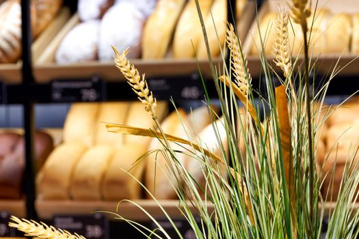 Spikelets of ripe wheat on blurred background of shelves with bread in bakery