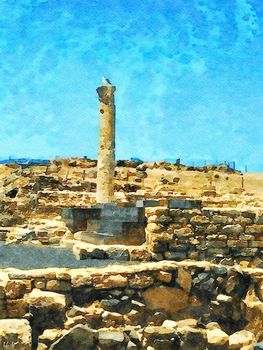 Roman ruins in Sardinia. Digital watercolors painting.