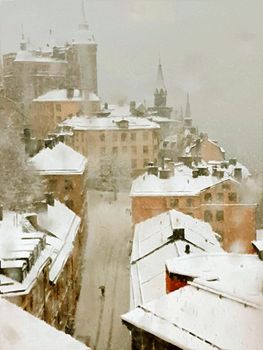 A glimpse of Stockholm's historic center during a snowfall. A person walks in the middle of the street taking shelter with an umbrella. Digital oil painting style.