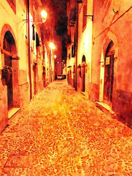 A nocturnal glimpse of a street in the historic center of Bosa in Sardinia in Italy. Digital color painting.