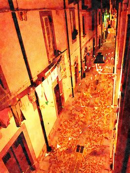 A nocturnal glimpse of a street in the historic center of Bosa in Sardinia in Italy. Digital color painting.