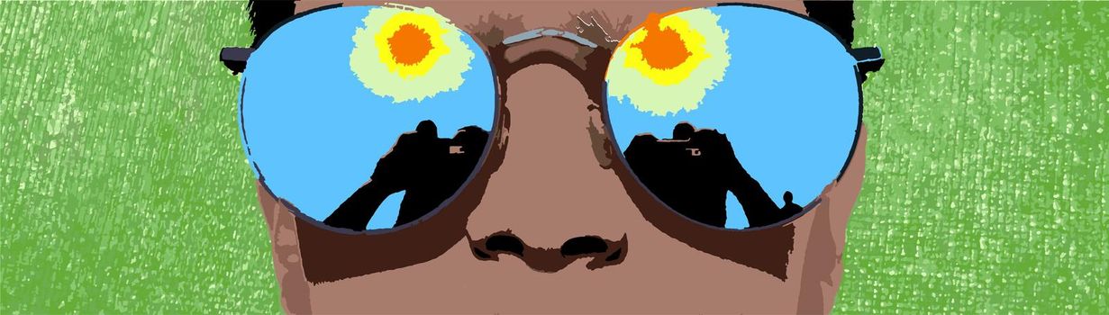 A person with sunglasses reflecting the sun and his hands while taking a selfie. Digital painting.
