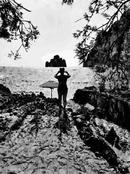 The silhouette of a young woman photographing the sea and an islet from the beach. Digital black and white painting.