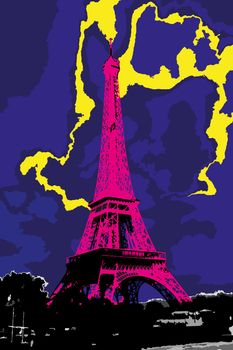 A glimpse of the tower of Paris with lightning. Digital color painting.