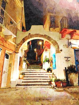 An arch in the historic center of a small town in Sardinia one evening in Italy. Digital color painting.