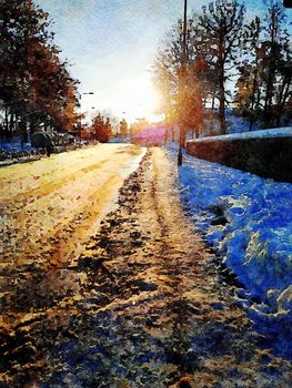 Digital watercolor painting style of a snowy road at sunset in northern Scandinavia