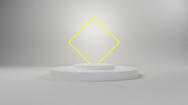 White 3D Podium with yellow neon light for packaging presentation. Product display with white plastic textures. 3d illustration. 