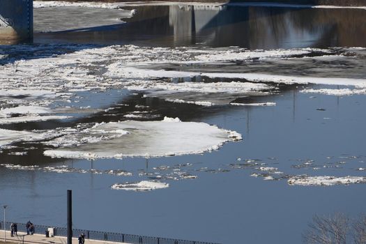 Spring ice on the river. Ice floats on the river. High quality photo