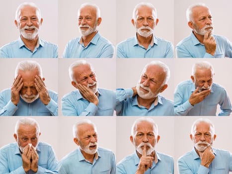 Collage of senior man portraits with variety of facial expressions.