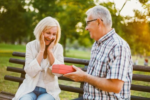 Senior woman is delighted with gift from her man.