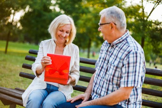 Senior woman is delighted with gift from her man.