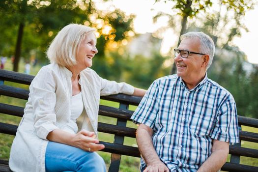 Two happy seniors are sitting and talking in park.