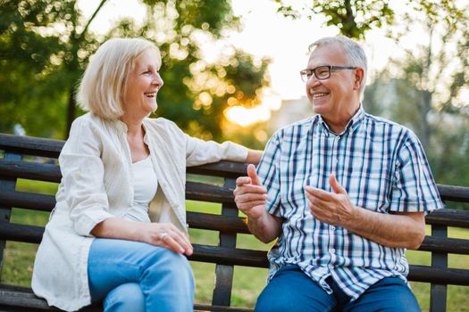 Two happy seniors are sitting and talking in park.