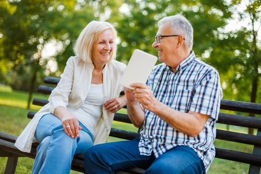 Happy senior couple is using digital tablet in park.