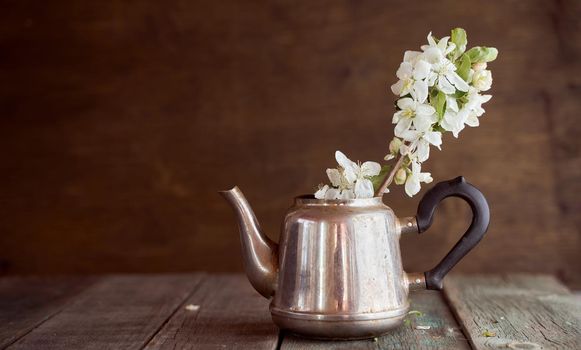 A branch of an apple tree in an iron kettle on a crowning background. With copy space. High quality photo