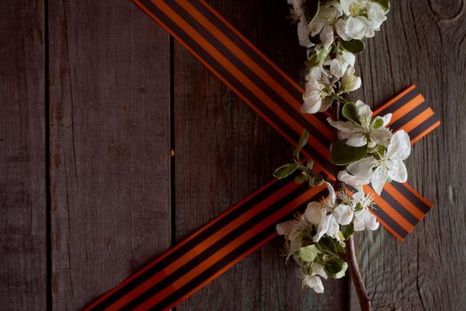 St. George ribbons in the form of a triangle with apple blossoms. High quality photo