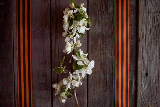 Two St. George ribbons on a wooden table. High quality photo