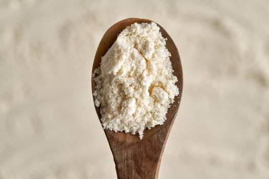 Whey protein powder on a wooden spoon, top view