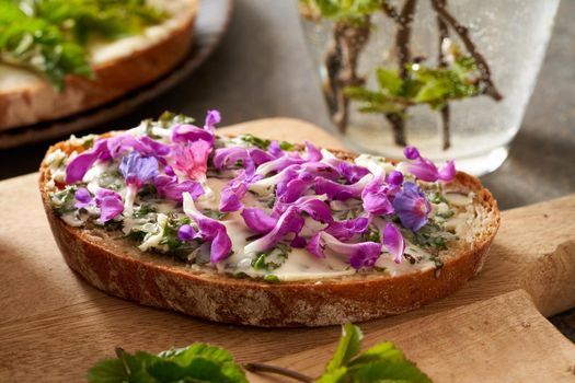 Slice of bread with butter mixed with young goutweed leaves collected in spring, topped with purple dead-nettle and lungwort flowers